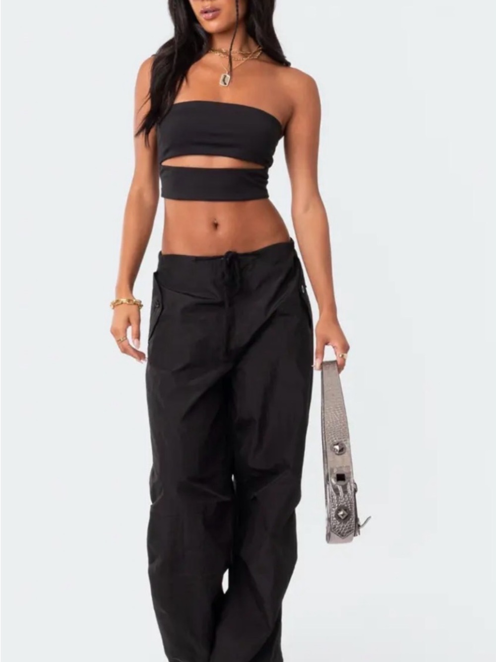 Edikted Black Wide-Leg Cargo parachute pants XS/S